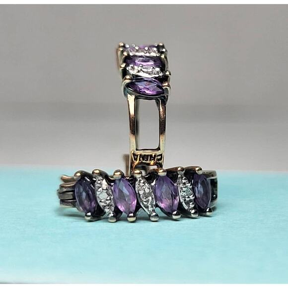 Sterling Silver 925 Marquise Cut Amethyst Diamond Chip Hoop Circle Earrings - Picture 1 of 11